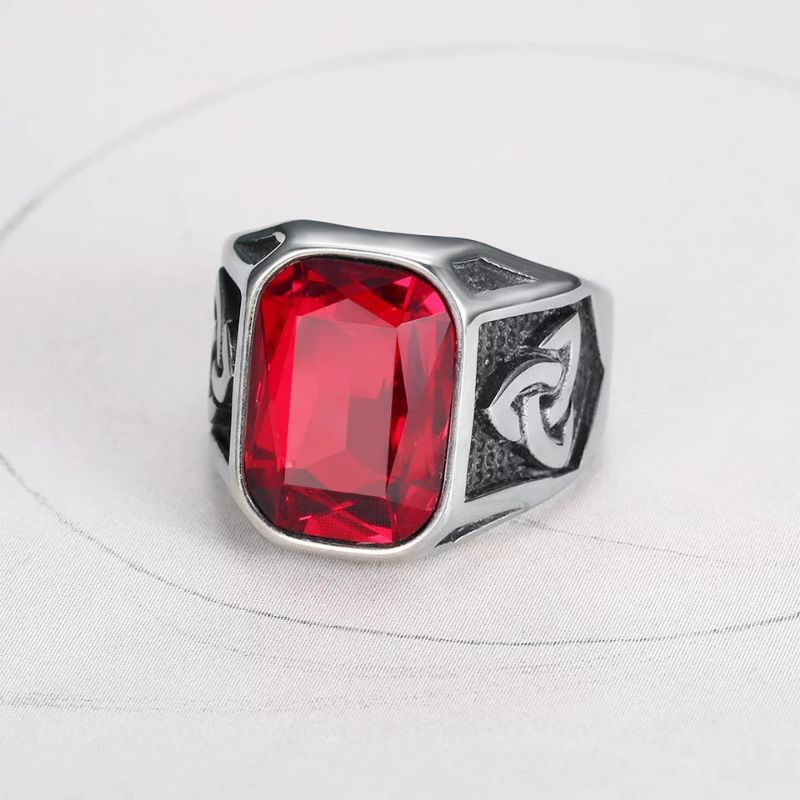 Cincin Pria Titanium 316L Stainless Steel Original Nordic Viking Odin Totem Premium Batu Red Ruby