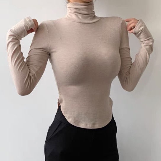 #Sisjuly# Hem berbentuk U menunjukkan pinggang tipis turtleneck ketat bottoming kemeja peregangan T-shirt tump