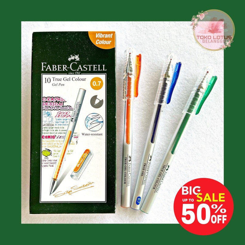 Pulpen true gel 0.70mm faber castell hitam, biru, hijau, orange