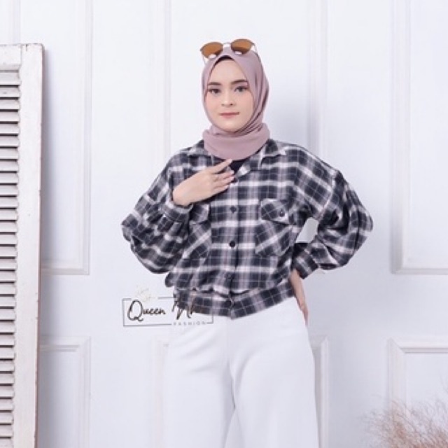 KEMEJA CROP WANITA TARTAN  FLANEL IMPORT PREMIUM BORA NUMMA