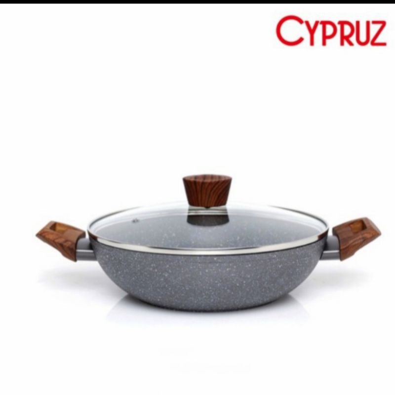 cypruz wok kuali wajan penggorengan+lid marble induksi wajan penggorengan anti lengket + tutup kaca