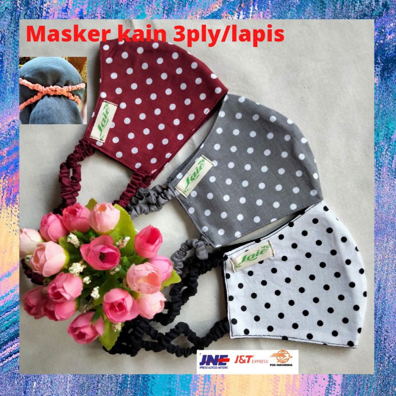 Masker Kain Polos Polkadot Tiga 3 Lapis Ply 3ply Hijab Headloop Tali Serut Kain