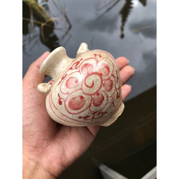 Cupu Kramik Kuno Retak 1000 Motif Bunga Merah Garis 02