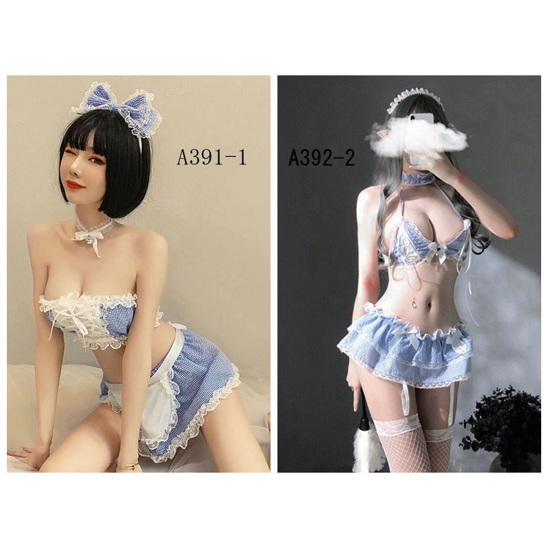 (COD) Lingerie Wanita G String Set Sexy Halter Neck kotak-kotak Maid Cosplay Seragam A391-2