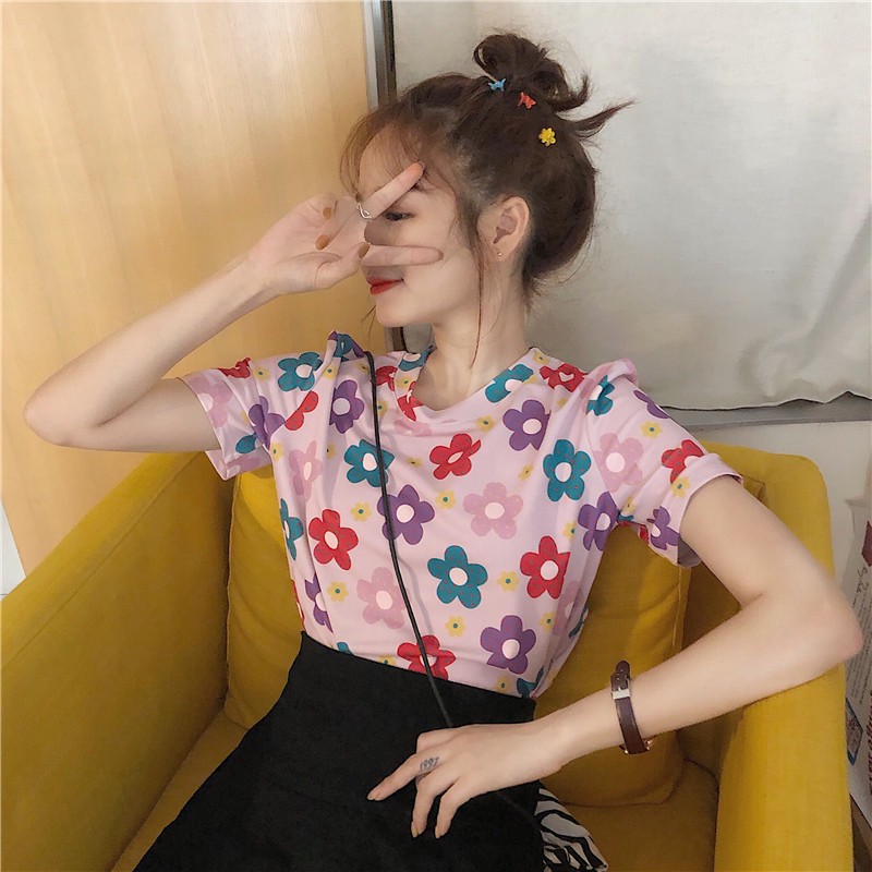 VS - Kaos FLOWER / FLORA T-Shirt O-Neck Lengan Setengah Motif Print Gaya Korea untuk Wanita