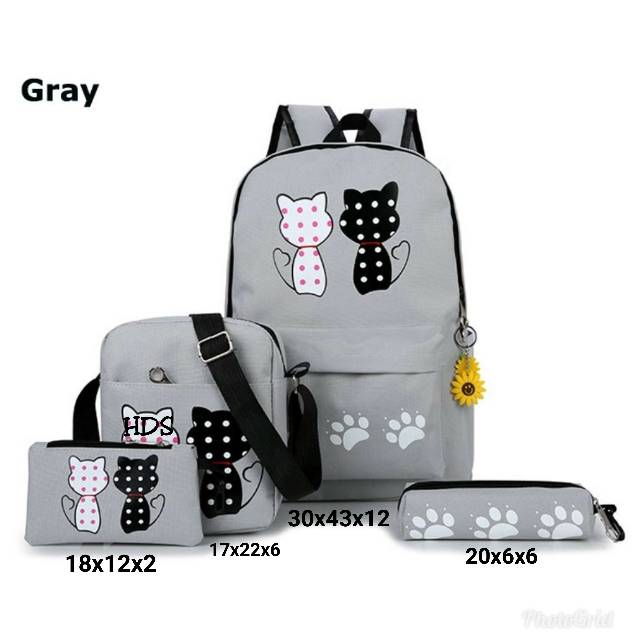 Fashion backpack motif cat polka TOKE /fashion ransel satu set murah