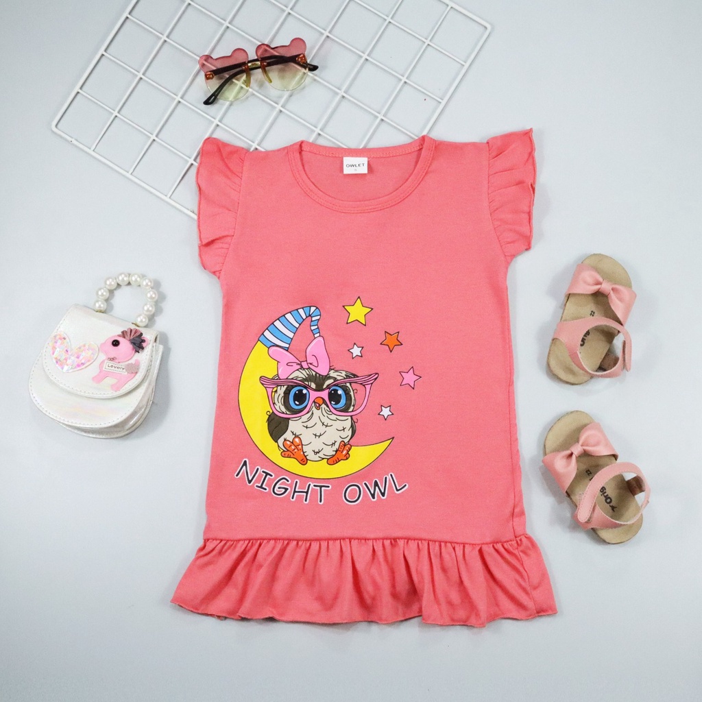 owlet - Dress ruffle anak / daster anak / dress gambar kartun (1-6 tahun)