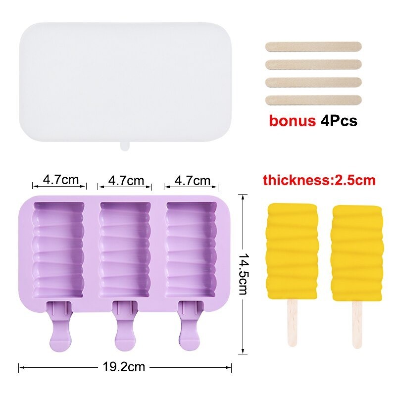 Cetakan Es Krim 3 Hole Silicone Mold Dessert with 50 Popsicle Sticks - Purple