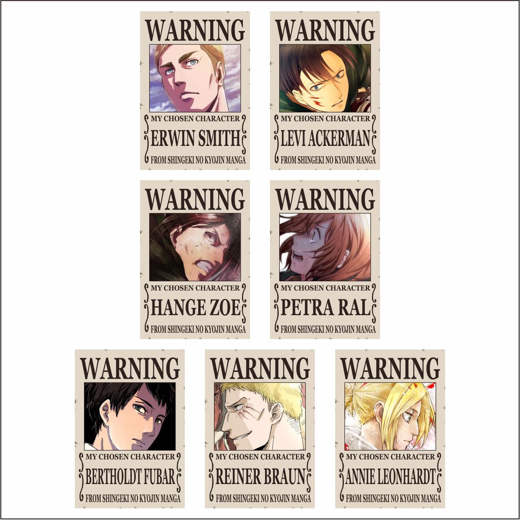 Poster A4 &amp; Pola Deco Mini Poster Warning Anime Shingeki no Kyojin (Attack on Titan) Terlengkap - Karakter Eren Mikasa Levi Armin Erwin Jean Sasha