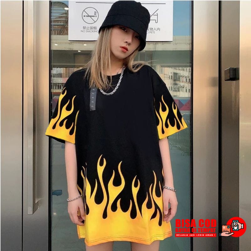 Baju Atasan Wanita Kaos Oblong Korean Style Oversize Fire Kekinian Terbaru