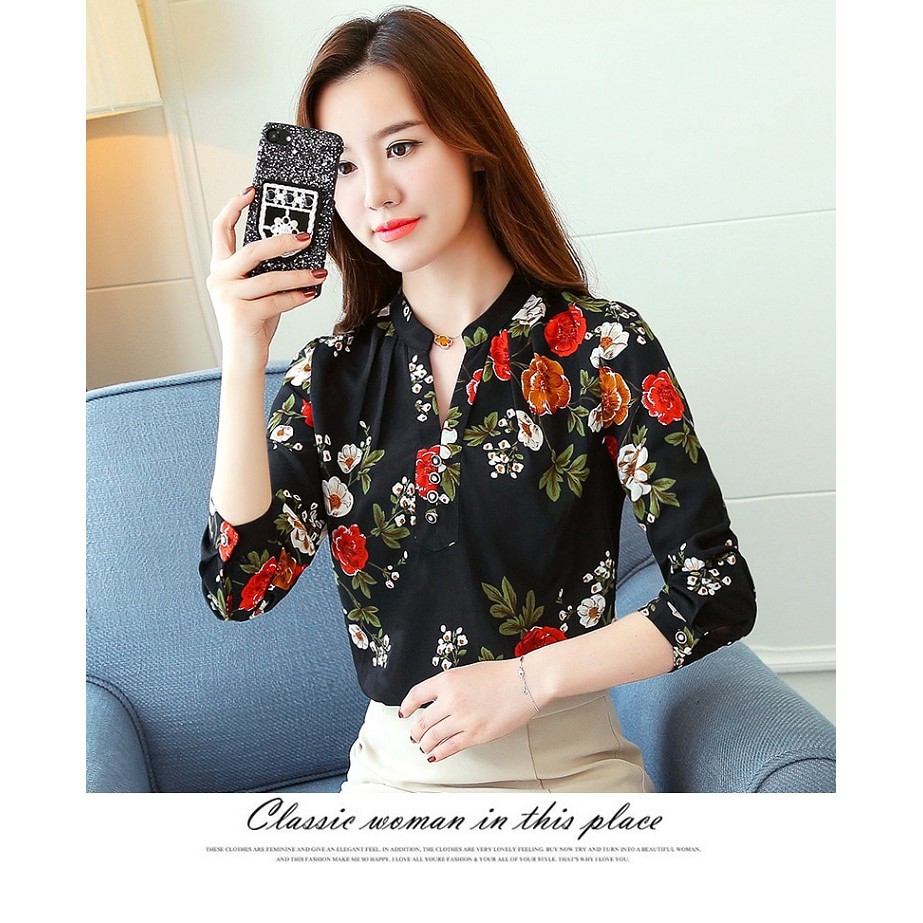 ATASAN PESTA PARTY NIKAHAN WISUDA KULIAH QWE/ Blus Lengan Panjang Elegan Motif Print Bunga