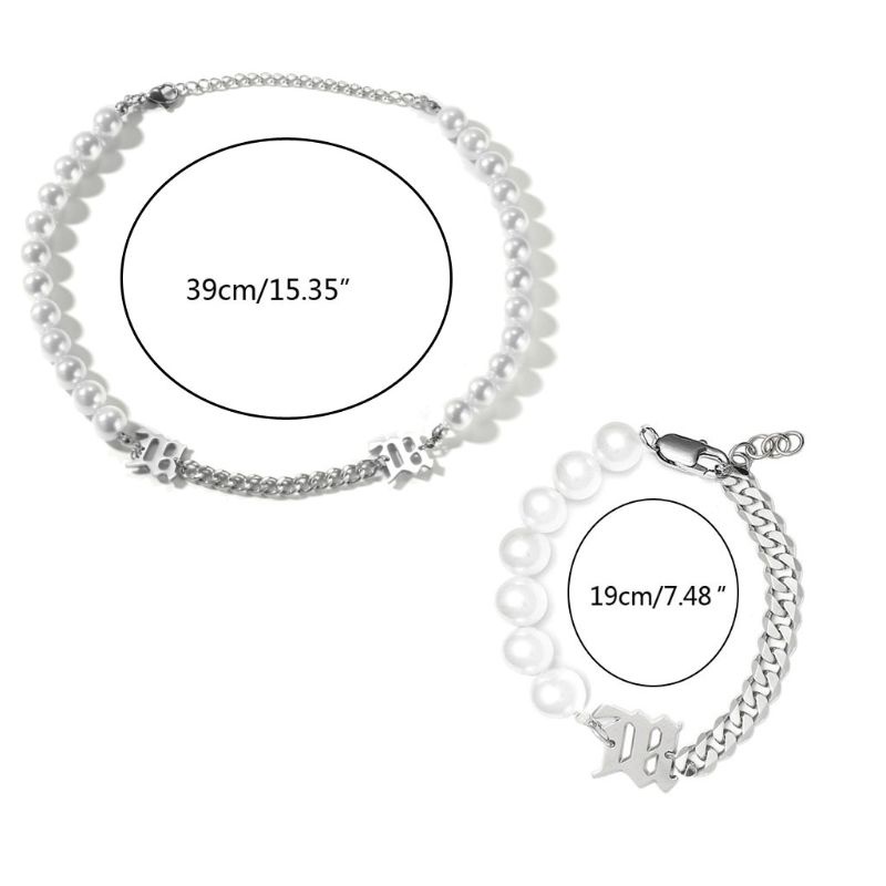 SIY  2Pcs Women Elegant White Pearl Metal Choker Bracelet Necklace Statement Jewelry Set Fashion Jewelry