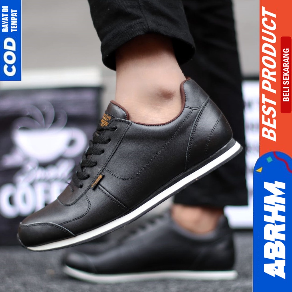 Sepatu Sneakers Kulit Asli Kerja Hitam Pria Santai ABRHM MORLEY