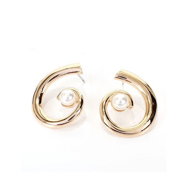 LRC Anting Tusuk Fashion Golden Pearl-like Semi-circular Cutout Earrings K04180