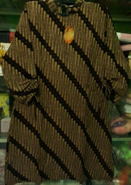 Couple Tunik Sogan Serut Genes Apsari Coklat Batik Modern Midi Sarimbit Kerja Seragam Kantor