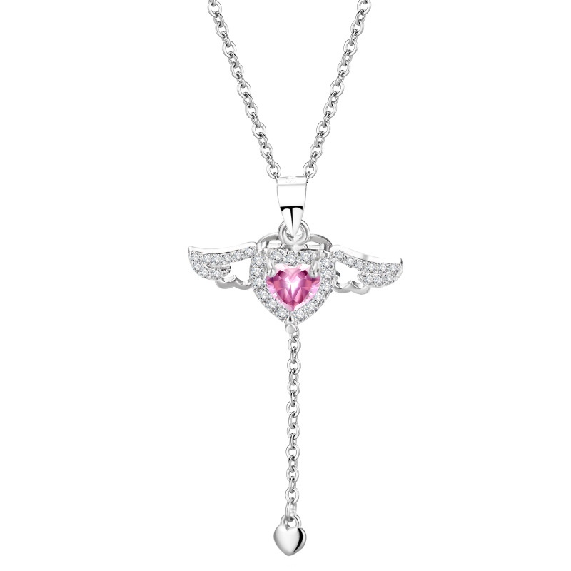 Barbie Kalung Rantai Silver 925 Liontin Hati + Sayap Malaikat Hias Cubic Zirconia Pink Untuk Wanita