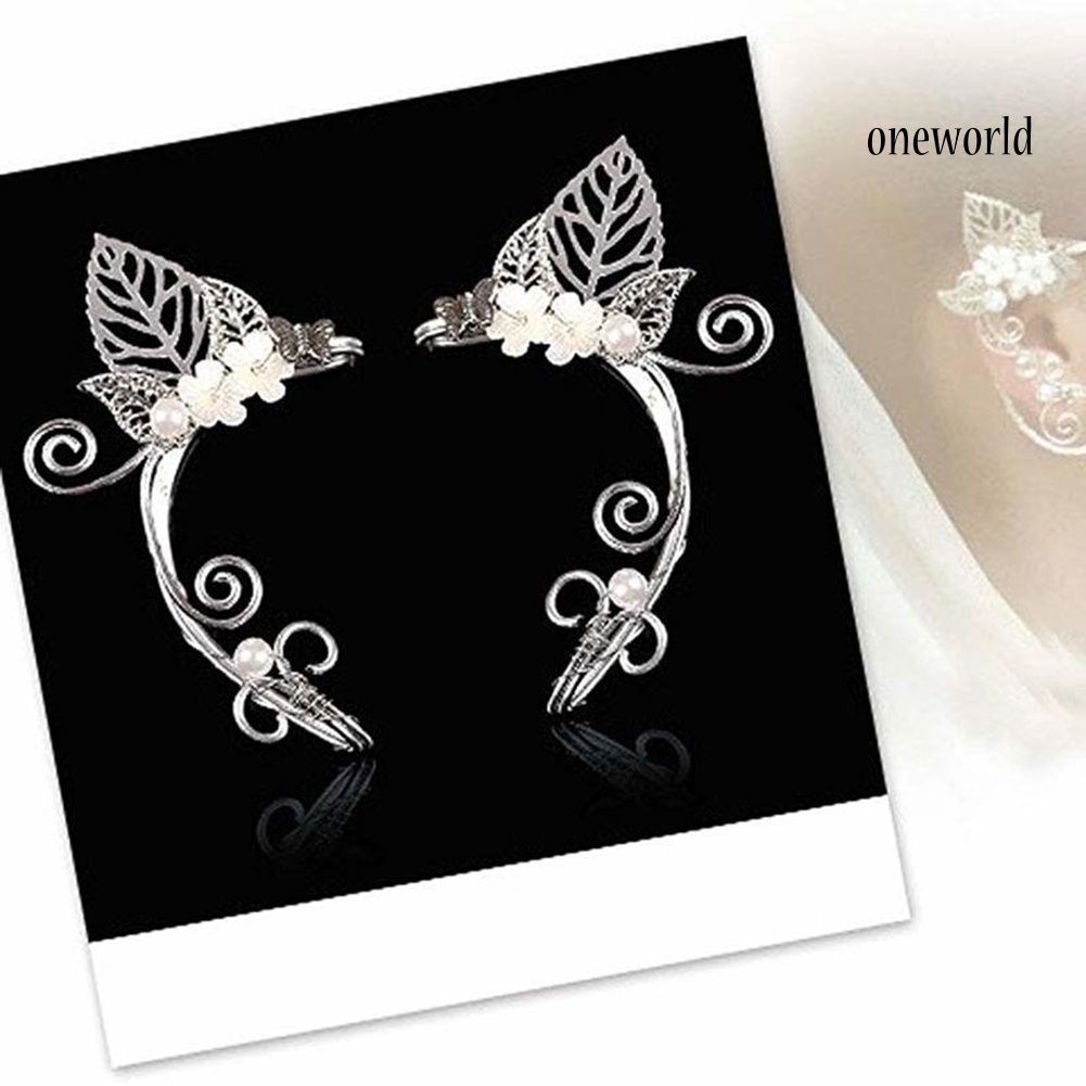 OW# 1Pc Hollow Flower Leaf Elf Faux Pearl Ear Cuff Clip On Earring Party Jewelry