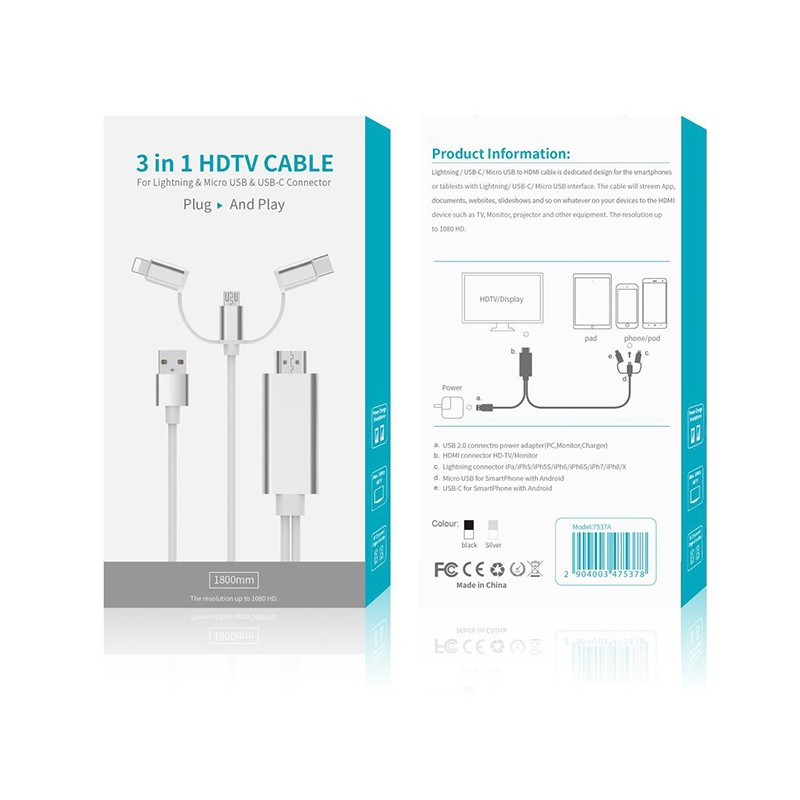 ONTEN OTN-7537A - HDMI Cable for USB-C - Lightning - Micro USB - 1.8M - Kabel Multiport ke port HDMI