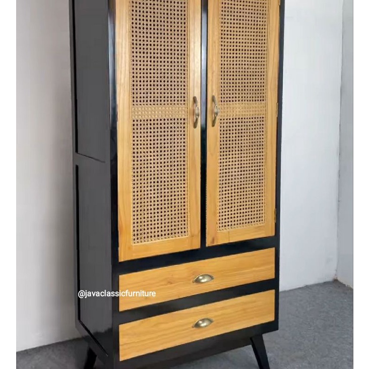 ALMARI ROTAN LEMARI MINIMALIS VINTAGE RETRO HITAM KOMBINASI NATURAL PINTU 2 SHEINNA RATTAN WARDROBE LACI 2 CABINET ANAK BAHAN KAYU JATI TUA GRADE A-3
