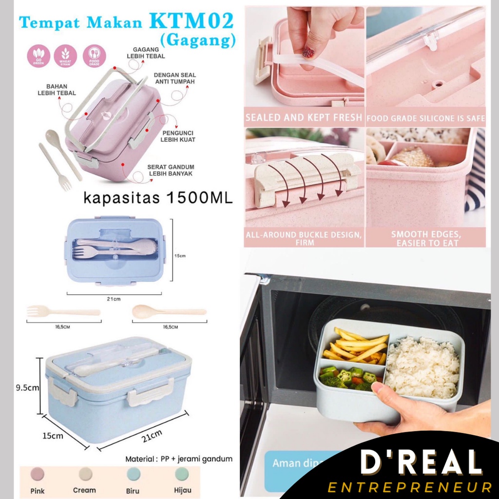 Lunch Box Microwave Tahan Panas 1500ML Praktis Set Free Sendok Sumpit - KTM02