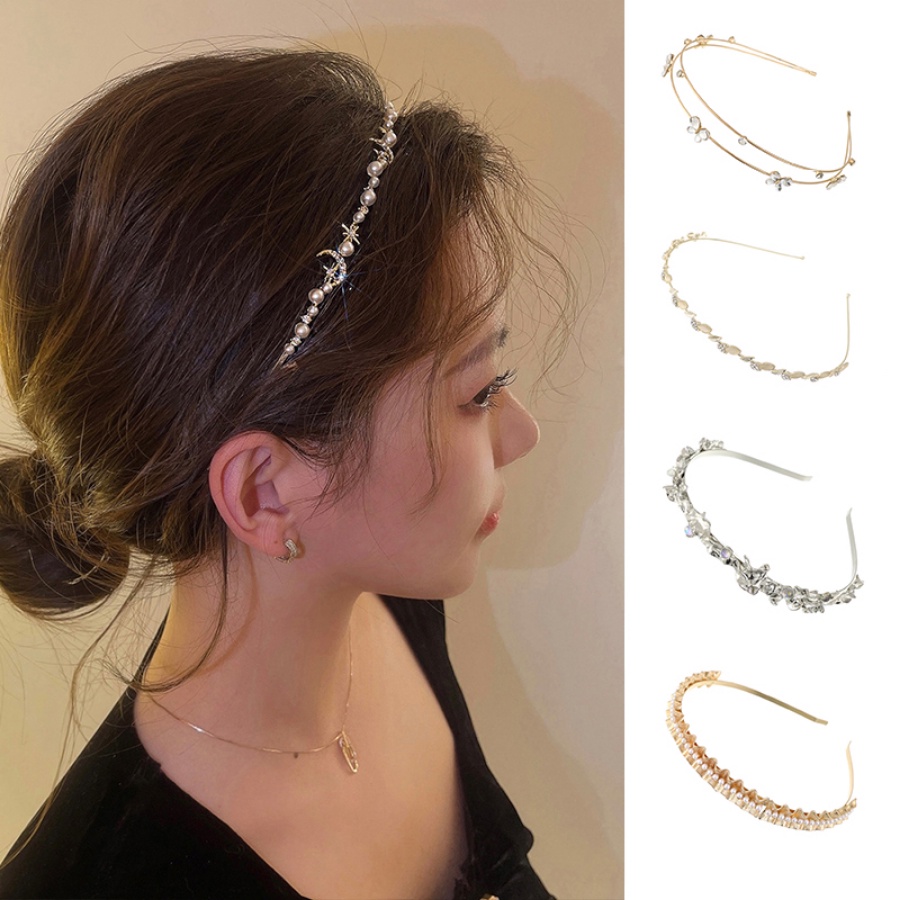 Headband Bahan Alloy Aksen Mutiara Dan Berlian Imitasi Gaya Korea Untuk Wanita