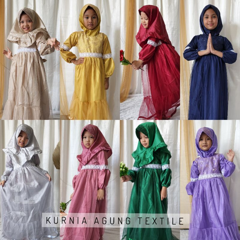 Baju Lebaran Anak Perempuan 2023 Model Terbaru 2 sampai 10 Tahun Set Kerudung Hijab Gamis Anak KA128