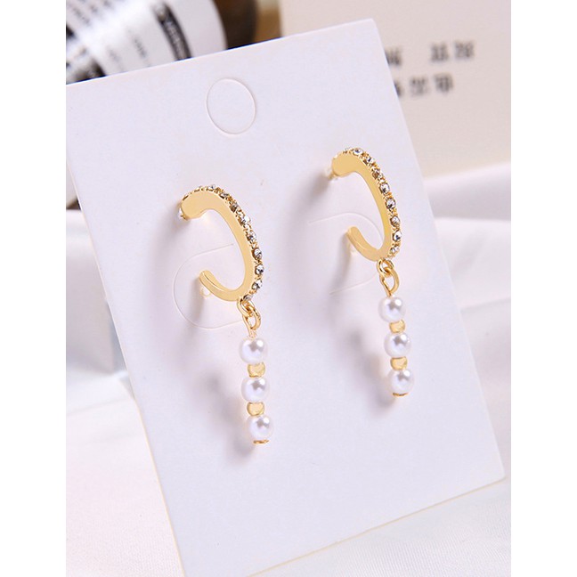 LRC Anting Tusuk Fashion Gold Diamond-shaped C-ring Pearl Stud Earrings D03274