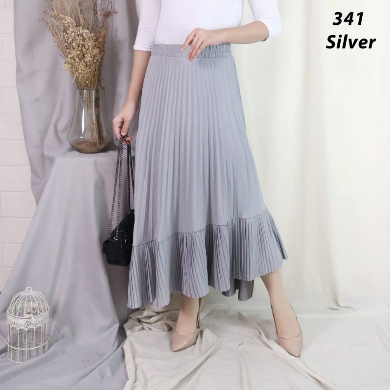 Rok Plisket Asimetris Premium Warna Abu Muda