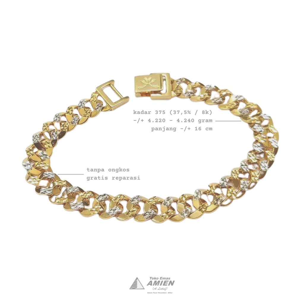 Toko Emas Amien Gelang Emas Asli YT Gold Kadar 375 (37,5% / 8K) 4.240 Gram - Bracelet Rantai Sisik N