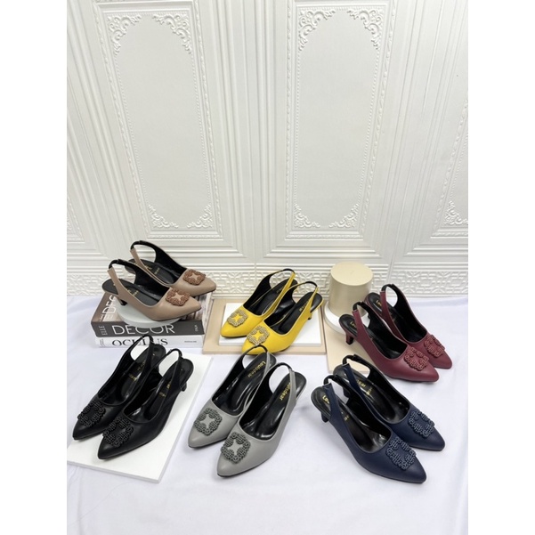 sepatu heel wanita terbaru pesta LOUISDEAR sepatu heel 3 cm tali belakang bahan dove P75