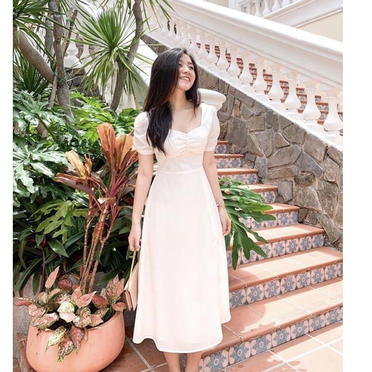 Special Priceqdw-792 D0345 NATHANIA KOREAN STYLE CASUAL LOOK VINTAGE MIDI DRESS PUTIH HITAM POLOS