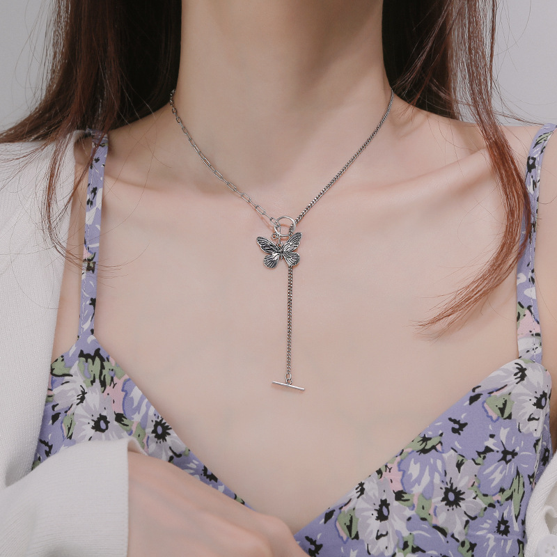 Vintage Butterfly Pendant Adjustable Necklace for Women Korean Hip Hop Titanium Steel Clavicle Chain Choker Jewelry Accessories