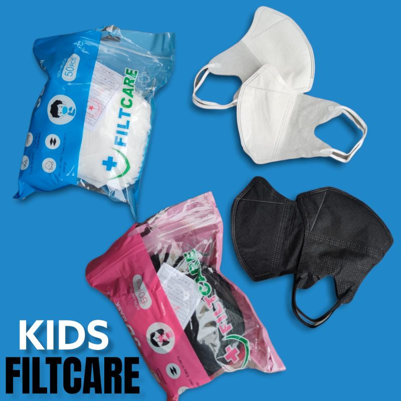 READY MASKER DUCKBILL ANAK 3 PLY FILTCARE PUTIH GARIS HITAM GARIS EARLOOP ISI 50 LBR PER PACK