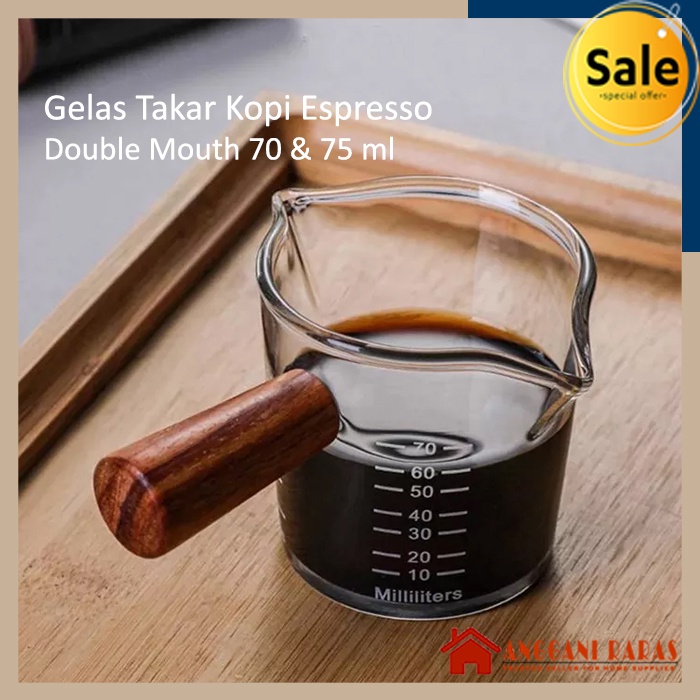 Gelas Takar Kopi Espresso Gelas Takar Kaca Double Mouth Gagang Kayu Gelas Ukur Kopi Coffee Espresso Measuring Cup High Borosilicate Glass 75ml dan 70ml