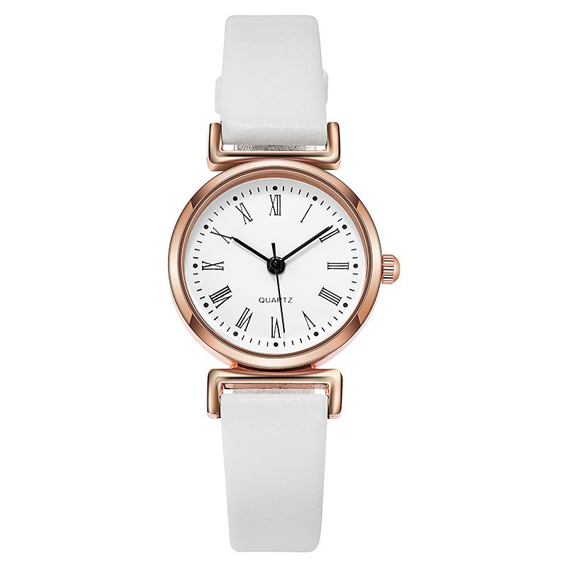 Jam Tangan Analog Quartz Wanita Kecil Tali PU Leather Korean Style Fashion Import-Romawi Putih