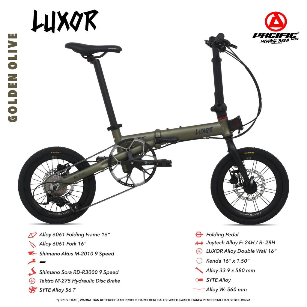 SEPEDA LIPAT PACIFIC LUXOR 16” 9 SPEED FRAME ALLOY SHIMANO SORA HYDRAULIC DISC BRAKE BICYCLE FOLDING BIKE