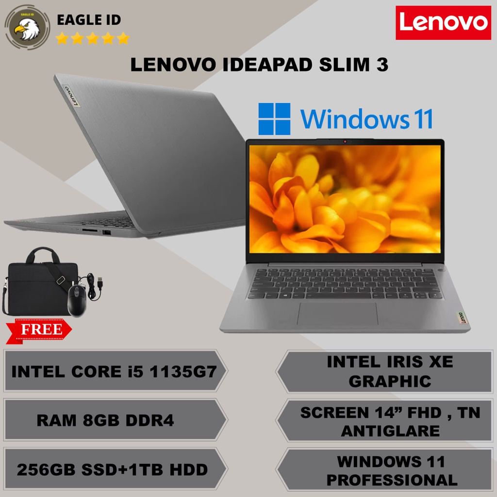 laptop lenovo ideapad slim 3i 14 intel core i5 1135g7 ram 8gb 256gb   1tb hdd windows 11 grey