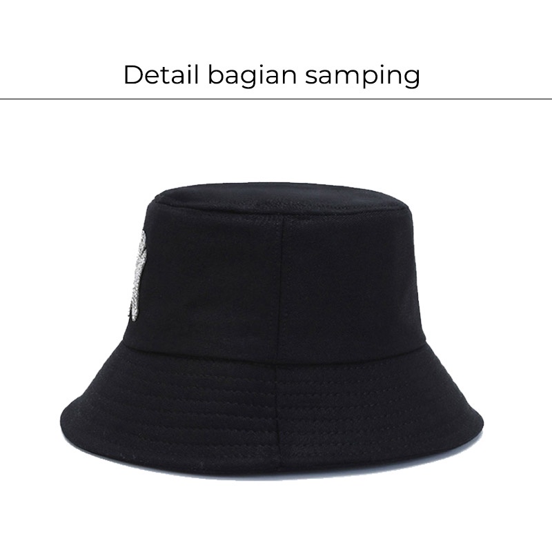 Bucket Hat Wanita Pria Korea Aksen Logo NY Kristal Bordir Fashion Hip Hop Trendy Kualitas terbaik BKAB