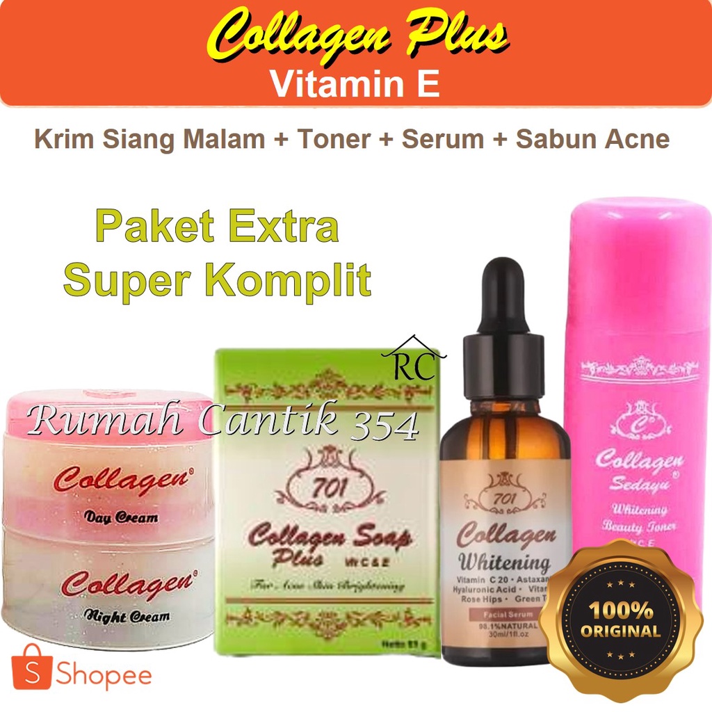 Paket Extra Super Komplit Collagen Day Night Cream Sabun Hijau &amp; Toner Wajah Serum Whitening Rumah Cantik 354 Paket Lengkap 5 in 1 Perawatan Wajah