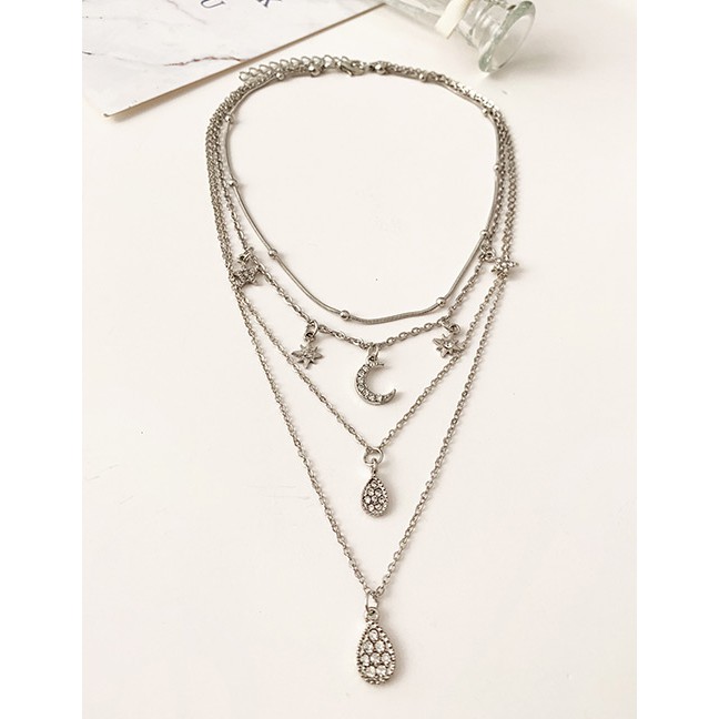 LRC Kalung Wanita Fashion Silver Alloy Diamond Necklace F59119