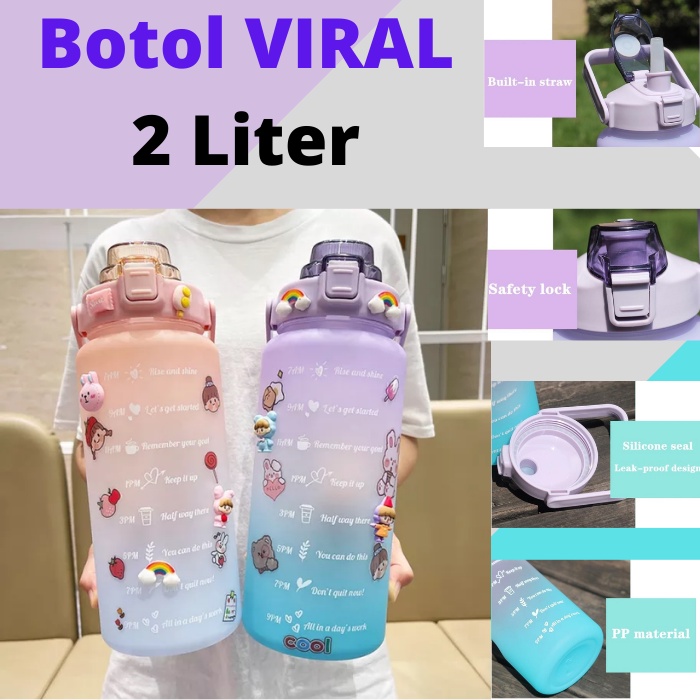 Botol Minum 2 Liter Botol Minum Viral Pelangi 2 L Botol Minum Korea Besar Motivasi 2000 ML Anti Bocor Free Sticker