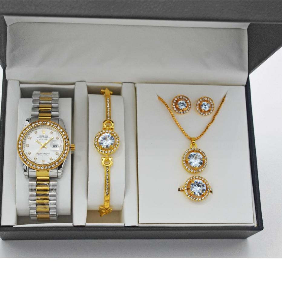 ♕ jam tangan wanita rolex full set free anting+kalung+gelang+cincin+box terbaru GO 1245 ヤ