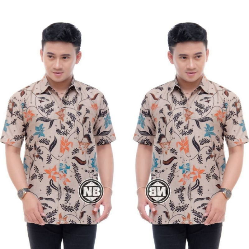 Batik Pria HRB026 Kenongo kemeja Tosca pendek pekalongan padi M L XL Sogan Tulis Halus Hem Batik