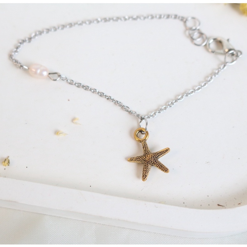 Gelang / Bracelet Starfish / Fashion / Korea Style / Simple / Cantik / Unik / Etnik / Natural / Gelang Sahabat Persahabatan / Wanita Vintage / Biru Muda / Batu Putih / Aksesoris Asesoris / Perhiasan Unik Cantik Anggun