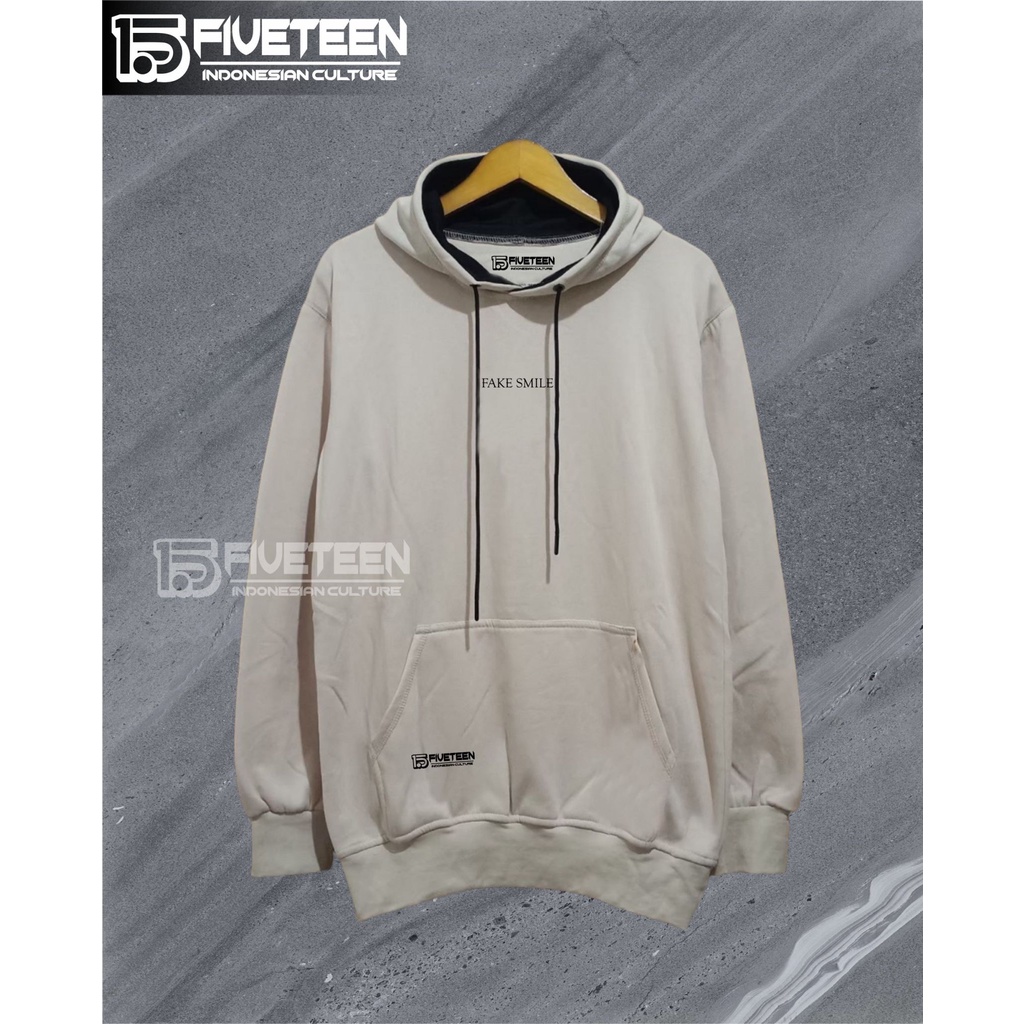 hoodie cowok distro original jumbo fifteen15 warna hoodie cream sablon FAKE SMILE sweater pria distro original 100% bahan tebal zipper hoodie oversize pria jacket pria terbaru musim dingin hudiee pria keren fifteen suwiter pria dan wanita terbaru 2022