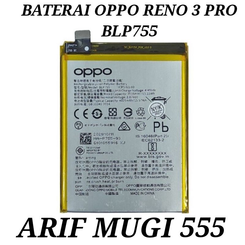 Battery Batrai Batu Batre Oppo Reno 3 BLP755 Original