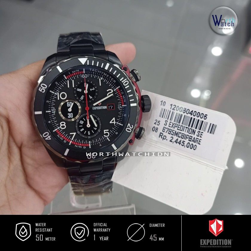 Jam Tangan Pria Terbaru Expedition 6795 Black Red Stainless Steel Original EXP6795 EXP 6795
