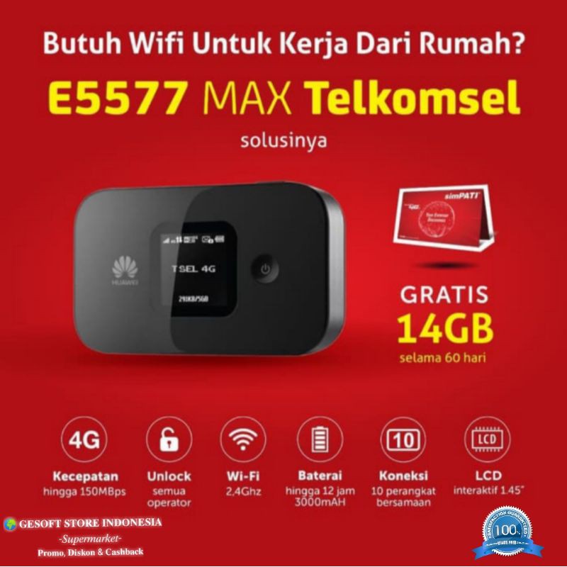Mifi Huawei E5577 Max 4G/Unlock/Modem 4G/Free Telkomsel 14GB/Garansi Resmi/Router