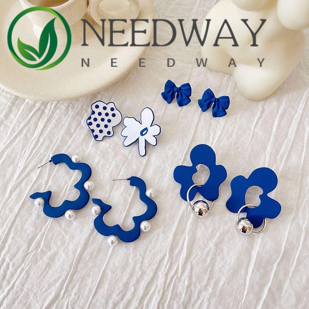 Needway  Simple Bow Stud Earrings Geometric Flower Clip Earrings Without Piercing Earring Pearl Women Asymmetry Korean Exquisite Alloy Blue