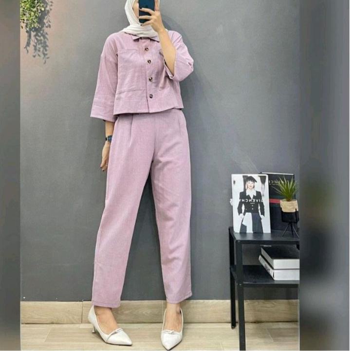 Langsung Kirim fazio set top+pants one set setelan wanita linen rami